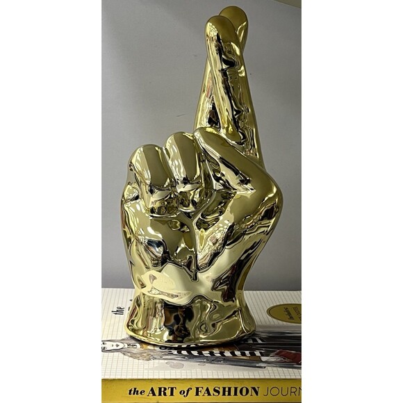 Ceramic FINGERS CROSSED Statue Decorative Figurine Gold Good Luck Home Decor - Picture 1 of 10